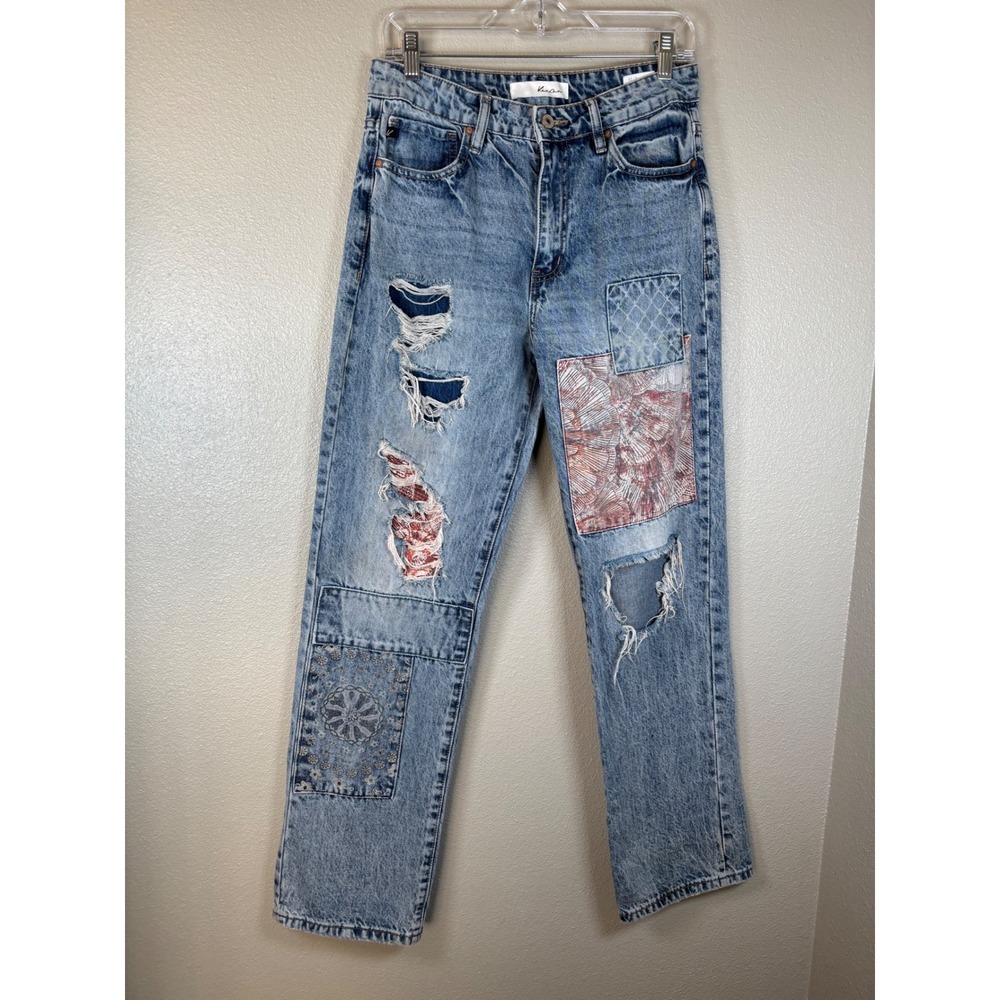 KanCan Whimsy Patchwork Distressed Straight Jeans Light Wash Floral Boho 9/28